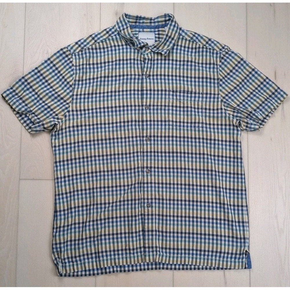 Tommy Bahama Shirt Mens XL Blue White Yellow Check 100% Silk Button Up S/S